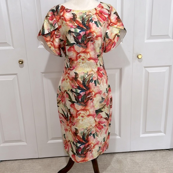 NWT Alton Gray Multi Floral Metallic Split Sleeve Midi Dress Size 8 - Picture 1 of 15